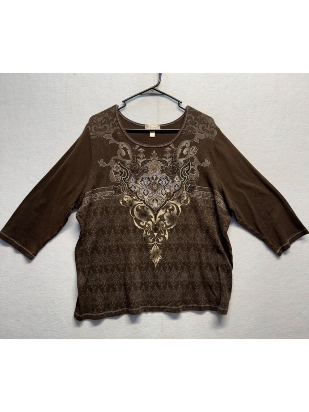Dressbarn 3X Brown Tunic With Intricate Baroque Pattern & 3/4 Sleeves